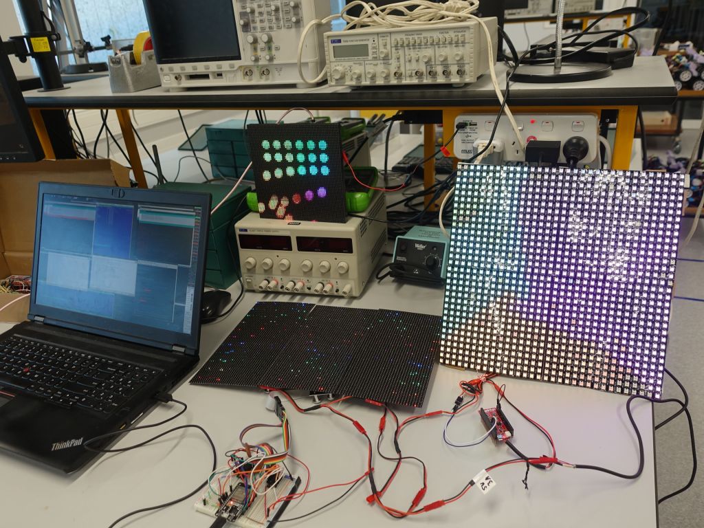 hacked up ESP32 with level converters on breadboard to run 3x 64x32 SmartMatrix panels with SmartMatrix::GFX