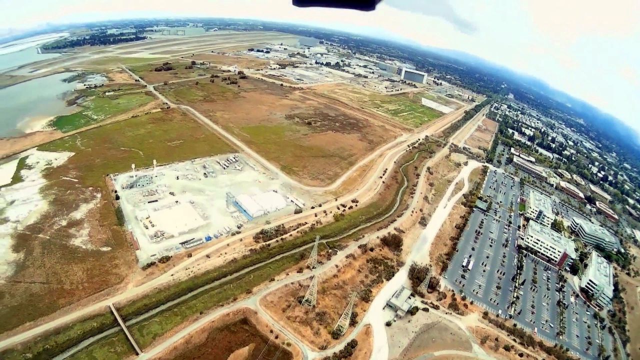 Moffett Airport is just next door, so while it was possible to get one shot of it without entering their land, it had to be done carefully (while the runway wasn't active, even if the RC plane never got close to its extended centerline, a very bad idea no matter what)