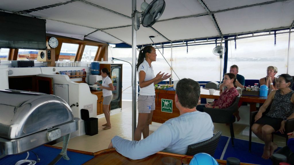 Shu our cruise director, giving us a welcome briefing