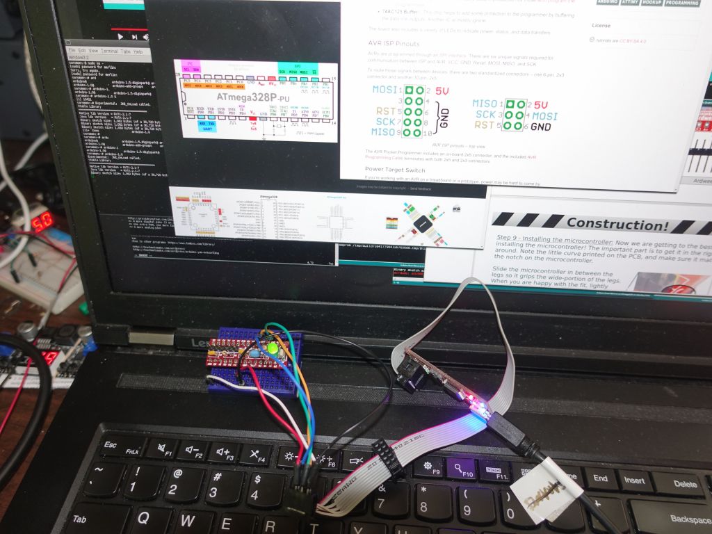 because my 328p chip was unprogrammed, I had to figure out direct ISP programming pinout for it and I flashed a bootloader on it