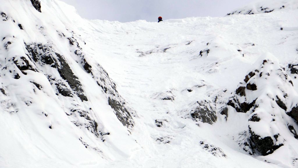 I ended up on top of this cornice, and couldn't quite see down, but ended up painfully hiking back up. Good choice I guess